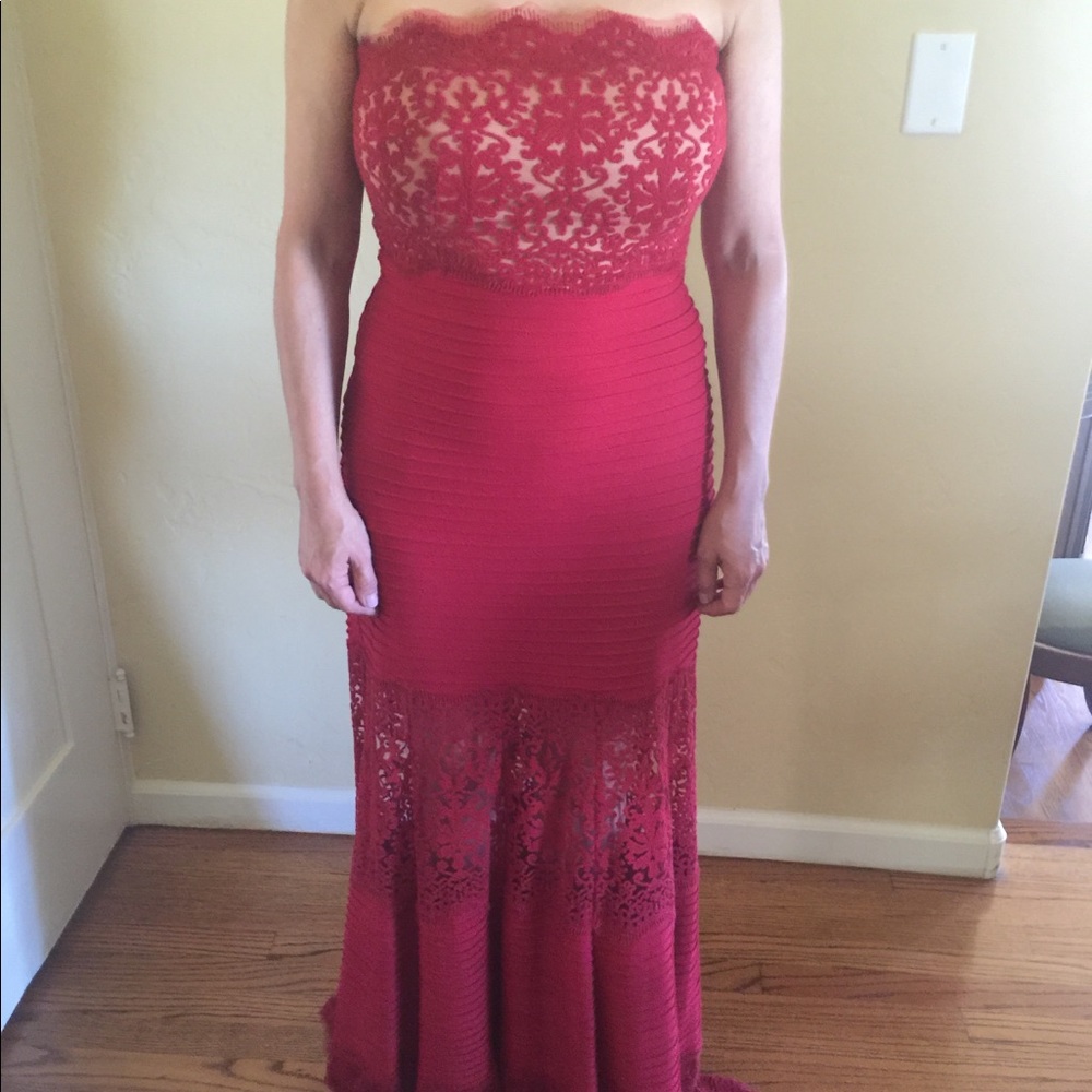 Strapless red evening gown